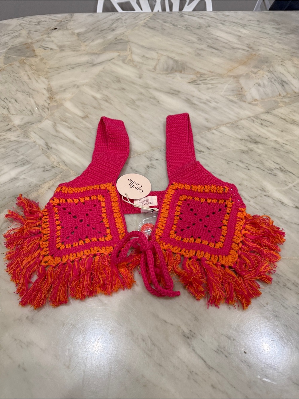 Camila Coelho Crochet Fringe Crop Top in Hot Pink & Orange